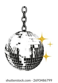 Disco-Ball hängt an Kette Halbton Stipple Collage Element. Bekleideter Grunge-Party-Aufkleber mit schmutziger Textur und goldenen Glitzerstars Retro-Fotokopie, Vektorgrafik auf transparentem Hintergrund