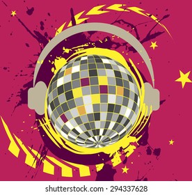 Disco ball with headset.Colorful splash