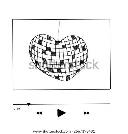 Disco ball heart shape cover play list, player interface hand drawn doodle illustration. Love music, romantic simple icon. 