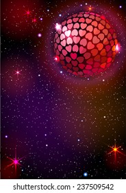 Disco Ball with Hearts. Vector background. EPS 10. Masks are used, so you can move the ball and lights.  Smartly grouped and layered.