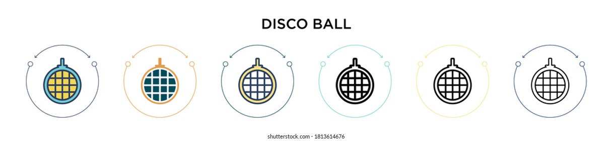 Disco ball icon in filled, thin line, outline and stroke style. Vector illustration of two colored and black disco ball vector icons designs can be used for mobile, ui, web