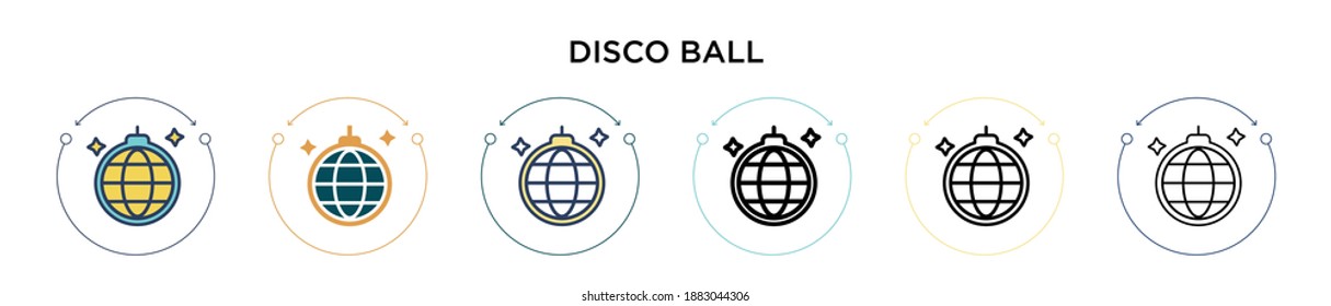 Disco-Ball-Icon in vollem, dünnen Linie, Umriss und Strich-Stil. Vektorgrafik von zwei farbigen und schwarzen Disco-Ball-Vektorgrafiken-Designs kann für mobile, iPhone, web-basierte