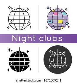 Disco ball icon. Linear black and RGB color styles. Night club recreation, nightclub entertainment. Dancing party, discotheque. Sparkling glass sphere, shiny discoball isolated vector illustrations