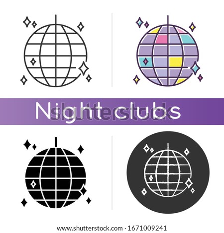 Disco ball icon. Linear black and RGB color styles. Night club recreation, nightclub entertainment. Dancing party, discotheque. Sparkling glass sphere, shiny discoball isolated vector illustrations
