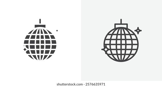 Disco ball icon set in black flat solid and outlined style.
