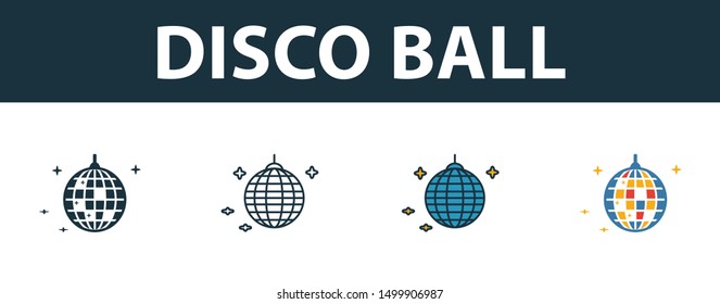 Disco Ball icon set. Four elements in diferent styles from party icon icons collection. Creative disco ball icons filled, outline, colored and flat symbols.