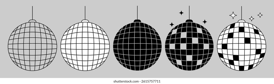 Disco ball icon set with linear, black and white pictograms. Nightclub shining mirror sphere symbol