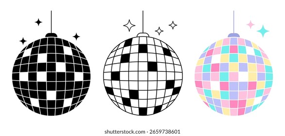 Conjunto de iconos de bola de disco. Contorno, negro y símbolos de color