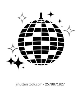 Disco ball icon, vector with shining star. Disco ball or mirror ball icon symbol  with star. Silhouette of Disco ball icon for party club, nightclub, DJ, discotheque, event. Vector illustration.