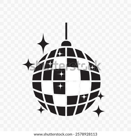 Disco ball icon, vector with star. Disco ball or mirror ball icon symbol with shining star. Silhouette of Disco ball icon for party club, nightclub, DJ, discotheque, event. Vector illustration.