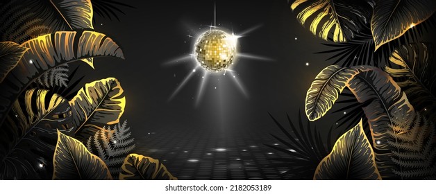 Disco ball illustration with black and gold tropic leaves. Nature concept. Summer party poster. Vector illustration