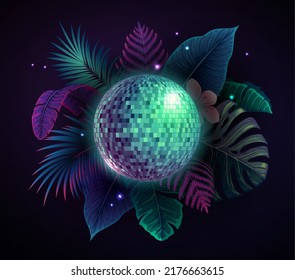 Disco ball illustration with fluorescent tropic leaves. Nature concept. Summer party poster. Vector illustration