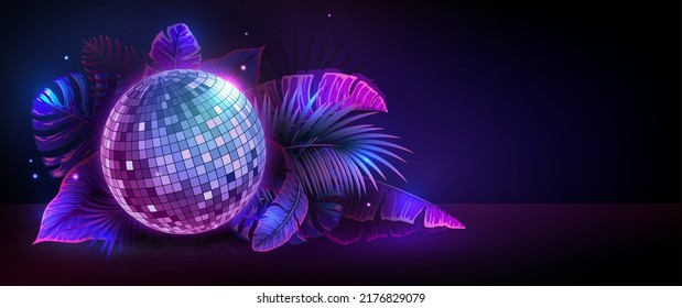 Disco ball illustration with fluorescent tropic leaves. Nature concept. Summer party poster. Vector illustration