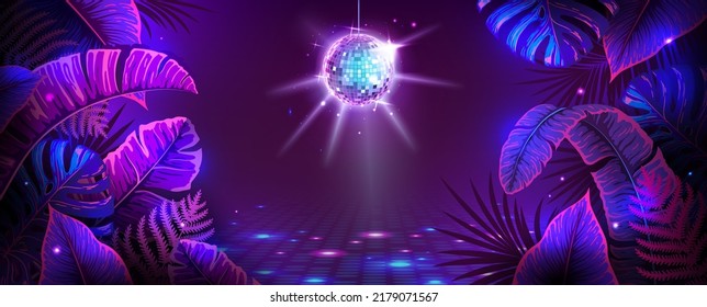 Disco Ball Illustration With Fluorescent Tropic Leaves. Nature Concept. Summer Party Poster. Vector Illustration