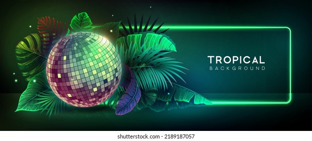 Disco ball illustration with tropic leaves. Nature concept. Summer party poster. Vector illustration