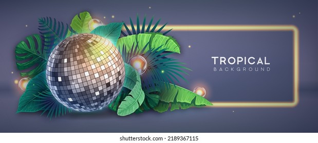 Disco ball illustration with tropic leaves. Nature concept. Summer party poster. Vector illustration