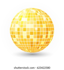 Disco ball isolated illustration. Night Club party light element. Bright mirror golden ball design vector template.