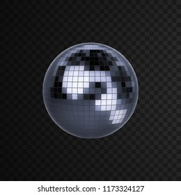 Disco ball isolated on black transparent background. Vector illustration of silver mirror ball. Nightlife concept. Shiny 3d sphere