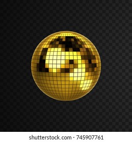 Disco ball isolated on black transparent background. Vector illustration of mirror ball. Nightlife concept. Shiny 3d sphere