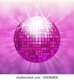 Disco ball isolated on gradient background with light cloudy circles like bokeh effect and rays