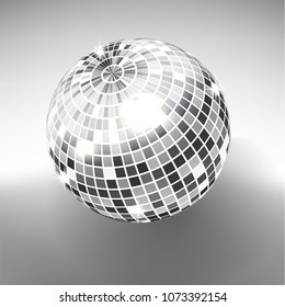 Disco ball isolated on grayscale background. Night Club party light element. Bright mirror silver ball design for disco dance club. Vector