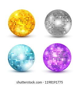 Disco ball isolated set illustration. Night Club party light element. Bright mirror golden ball design for disco dance club.