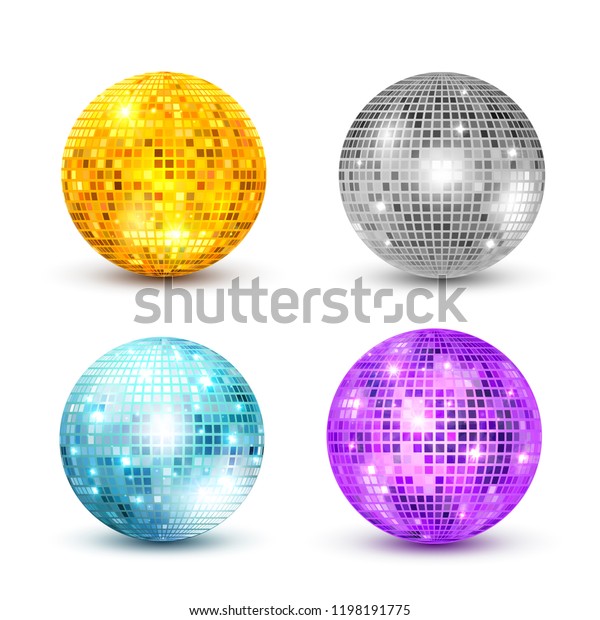 Disco ball isolated set illustration. Night Club\
party light element. Bright mirror golden ball design for disco\
dance club.