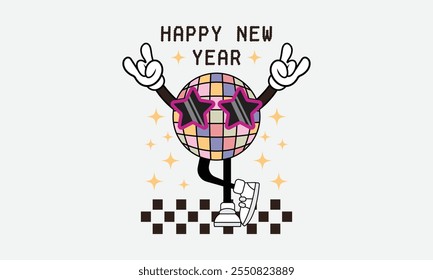 Disco Ball Mascot, New Year Vector T Shirt Design Template, Wall Art, Mug, Sticker, Banner, Tee, Hoodie, Printable, Illustration