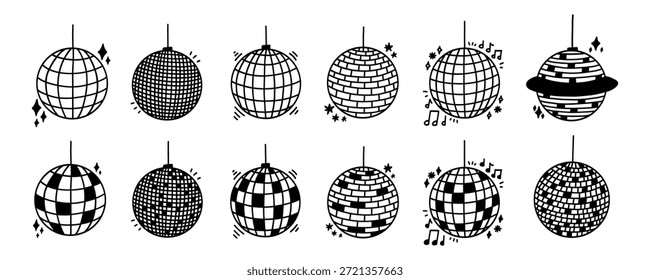 Disco Ball y Mirror Globe Vector Glitter Set. Disco Ball Light para fiesta o kit de club. Ilustración vectorial Doodle