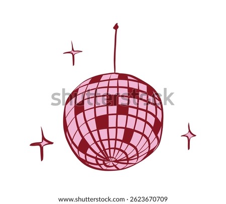 Disco ball or mirror ball in whimsical style. Retro dance party symbol for girls bachelorette. Trendy and coquette art for invitation and banner for holidays. Doodle vector illustration