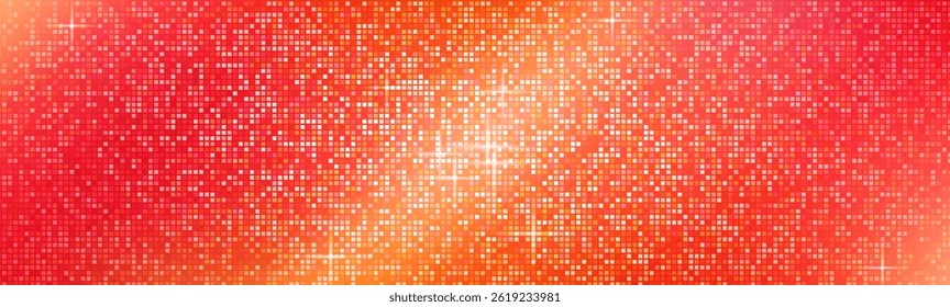 Disco ball mosaic pattern - abstract red glowing square tiles background. Bright shiny glitter effect, sparkling digital pixelated texture. Vibrant backdrop, party decoration vector illustration.