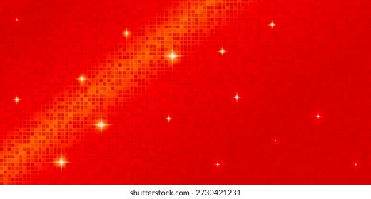 Patrón de mosaico de bola de disco - fondo de azulejos cuadrados brillantes rojos abstractos. Brillante efecto brillo brillante, brillante textura pixelada digital. Fondo vibrante, Ilustración vectorial de decoración de fiesta.