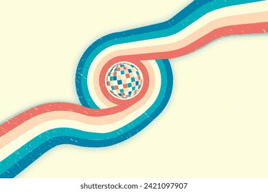 Disco ball and multicolored ribbons with scuffs. Groovy Colors. Template for postcard, poster, banner. Clockwork elements in retro hippie style of 70s.