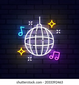 Disco ball neon sign, bright signboard, light banner. Night club logo neon, emblem. Vector illustration