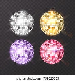 Disco ball on isolated background. Night Club party light element. Bright mirror ball design for disco dance club. Vector eps 10
