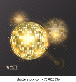 Disco ball on isolated background. Night Club party light element. Bright mirror ball design for disco dance club. Vector eps 10