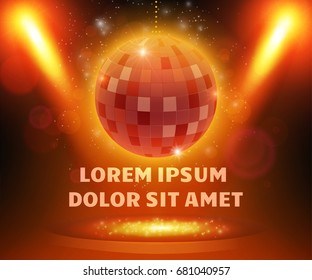Disco ball on stage with spotlight effect background. Vector illustration