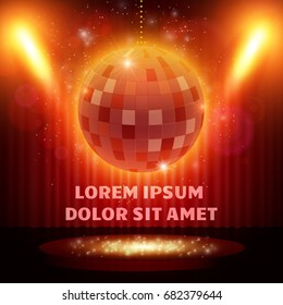 Disco ball on stage with spotlight effect background. Vector illustration