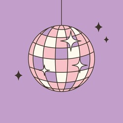 Disco ball on violet background. Retro style vector illustration for vintage party themes, dance events, and festive design projects