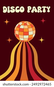 Disco Ball in orange, red and cream  with retro wavy lines and stars on dark red background. Vector illustration for posters and retro party invitations