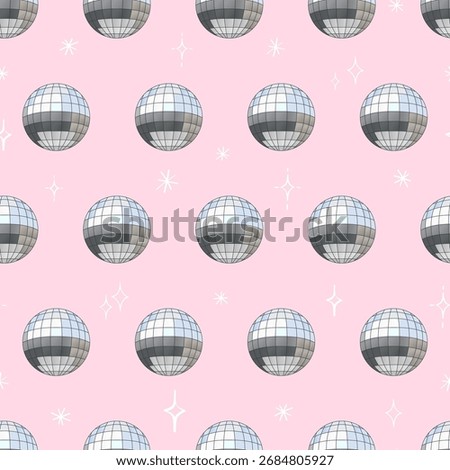 Disco ball party celebration background. Silver disco ball with star doodles seamless pattern. 
