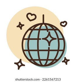 Balón disco, icono aislado de elemento de partido. Ilustración vectorial, elementos románticos. Pegatina, parche, insignia, tarjeta para el matrimonio, valentina