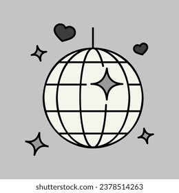 Disco ball, Party element isolated grayscale icon. Vector illustration, romance elements. Sticker, patch, badge, card for marriage, valentine