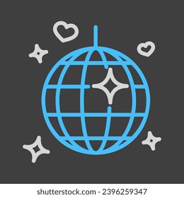 Disco ball, Party element isolated on dark background icon. Vector illustration, romance elements. Sticker, patch, badge, card for marriage, valentine