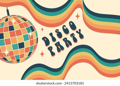 Pelota disco. Fiesta de disco. Groovy. Plantilla para postal, afiche, banner. Elementos de contracción en estilo hippie retro de 70.