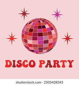 Disco ball party illustration in red, orange, black and purple with little stars. Disco vintage poster for retro 70s party 