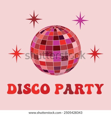 Disco ball party illustration in red, orange, black and purple with little stars. Disco vintage poster for retro 70s party 