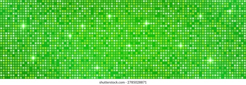 Disco ball pattern with green glitter background and shimmering sequin texture. Sparkling mosaic tiles create mirror effect for party backdrop. Dance club design with neon lights and glamorous vibes.