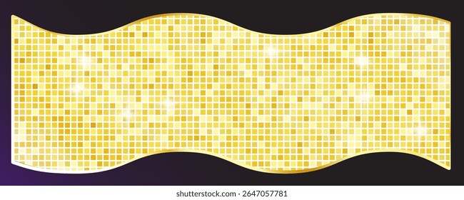 Disco ball pattern. Disco party glitter golden background, sparkle mosaic tile, gold shiny metal square club floor, retro nightclub vector illustration