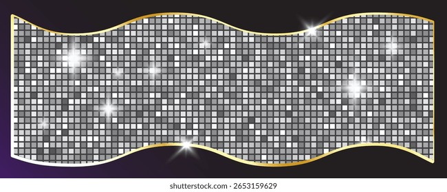 Disco ball pattern. Disco party glitter silver background, sparkle mosaic tile, shiny metal square club floor, retro nightclub vector illustration